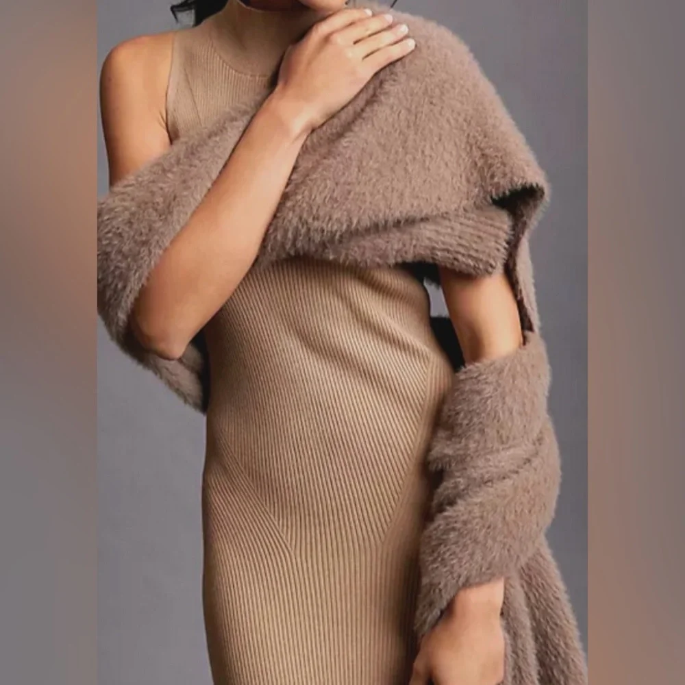 Anthropologie Knit Mock Turtle Neck Midi Tan Cedar Sweater Dress Size XS - Picture 5 of 12